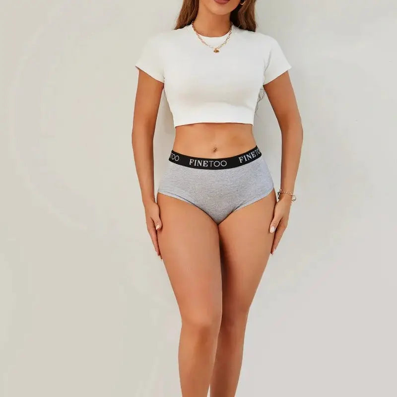 Finetoo seamless cotton briefs, grey low-rise underwear with black elastic waistband