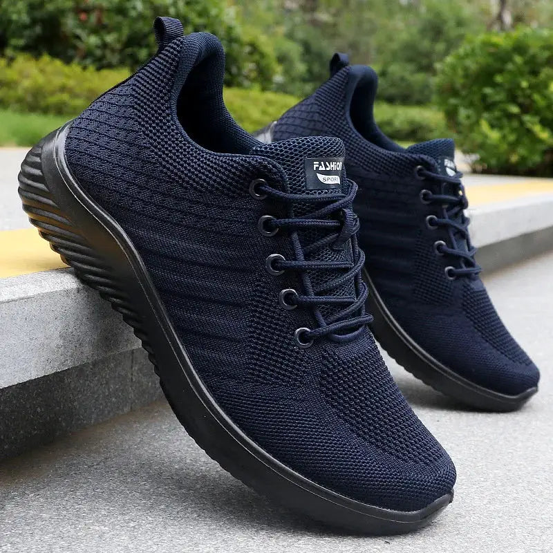 Men's casual sneakers by Simples Market; navy knit upper, lightweight breathable running and walking shoes.