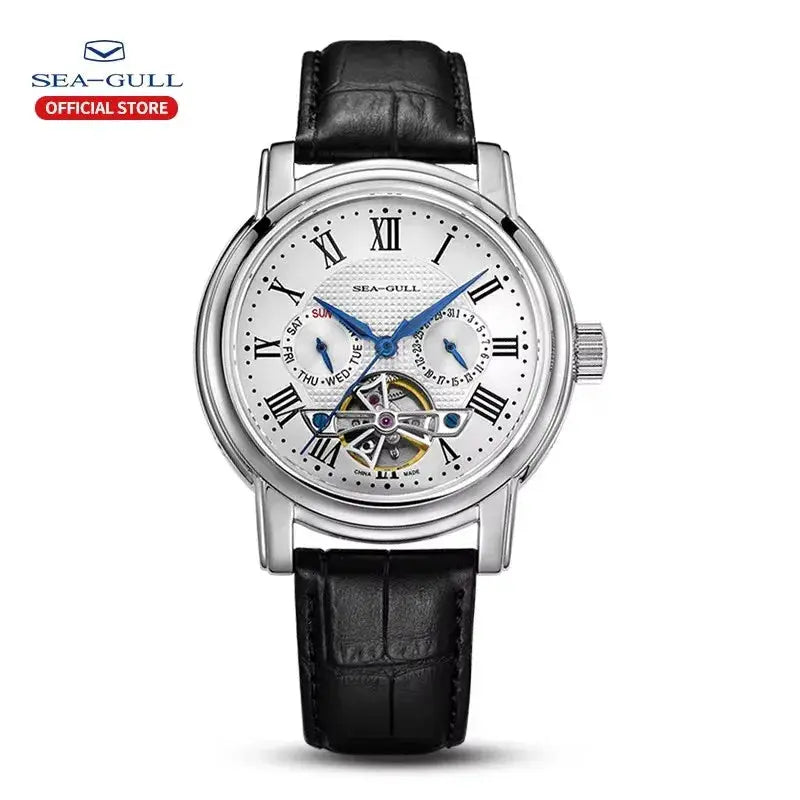 Seagull men's mechanical watch with silver stainless steel case, black leather strap, Roman numerals, blue hands.