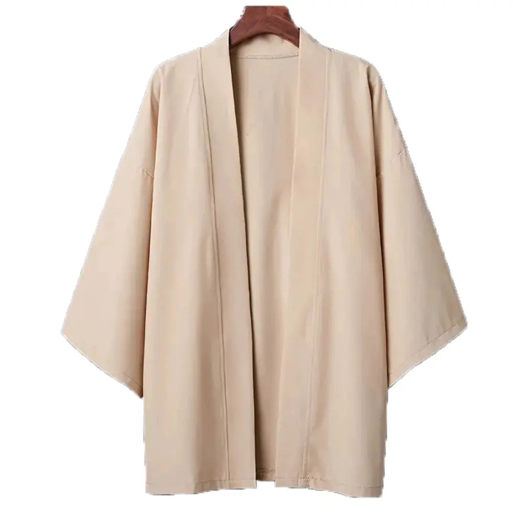 Men's beige kimono cardigan with open front and 3/4 sleeves; lightweight summer outerwear by Simples Market