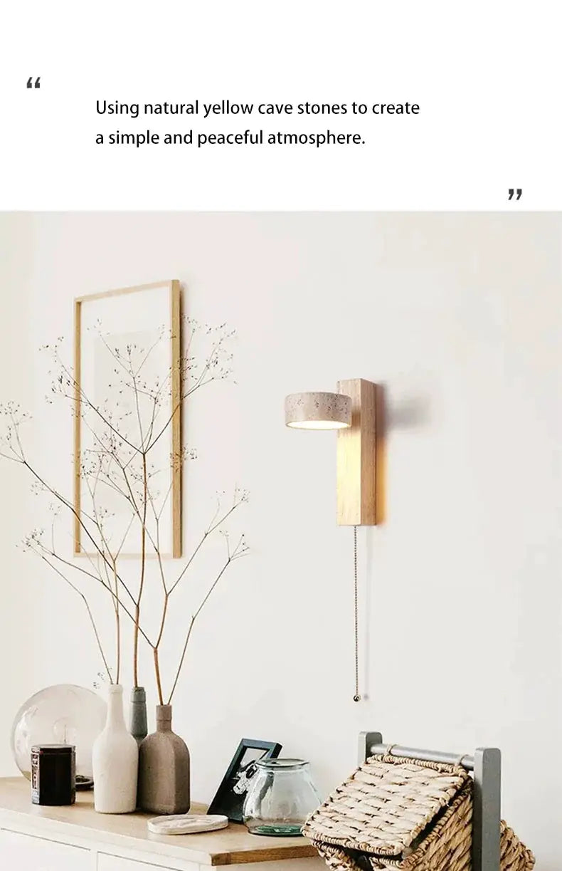 Bedside wall lamp by Simples Market; wood backplate with concrete shade, pull-chain, warm LED light