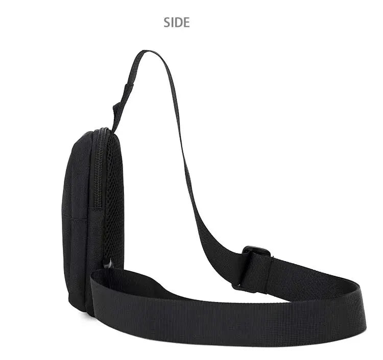 Crossbody bag for men by Simples Market, black mini chest bag with adjustable strap.