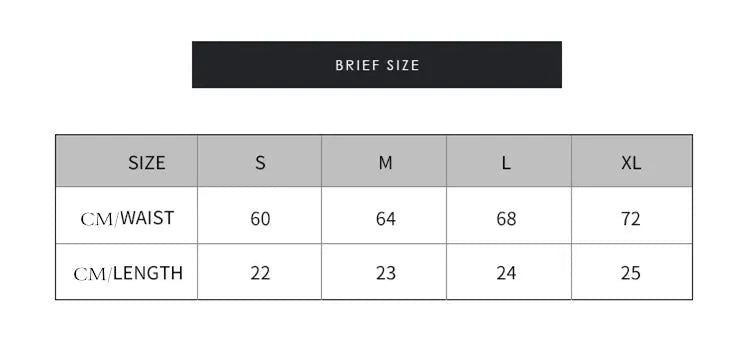 Women's briefs size chart with S–XL sizes and waist and length measurements in cm.