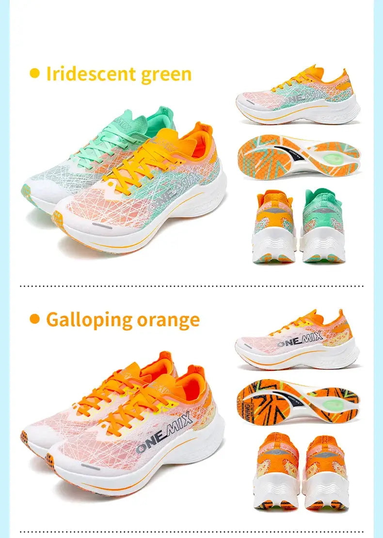 ONEMIX Marathon carbon-plate running shoes by Simples Market in two colors: iridescent green and galloping orange
