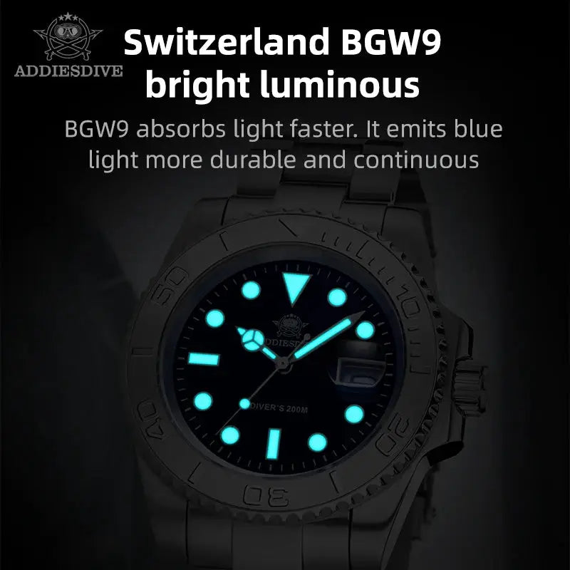 Addiesdive Mens Analog Quartz Watch With BGW9 Luminous Dial 200m Water Resistant Stainless Steel Diver