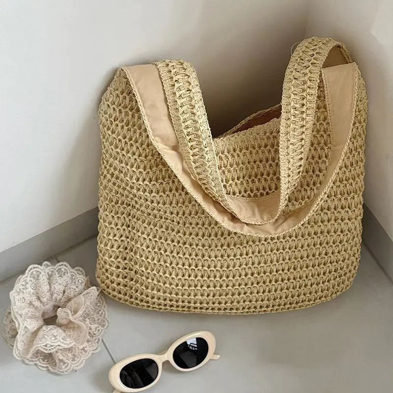 Simples Market rattan women's shoulder bag, natural beige straw tote; 2 accessories