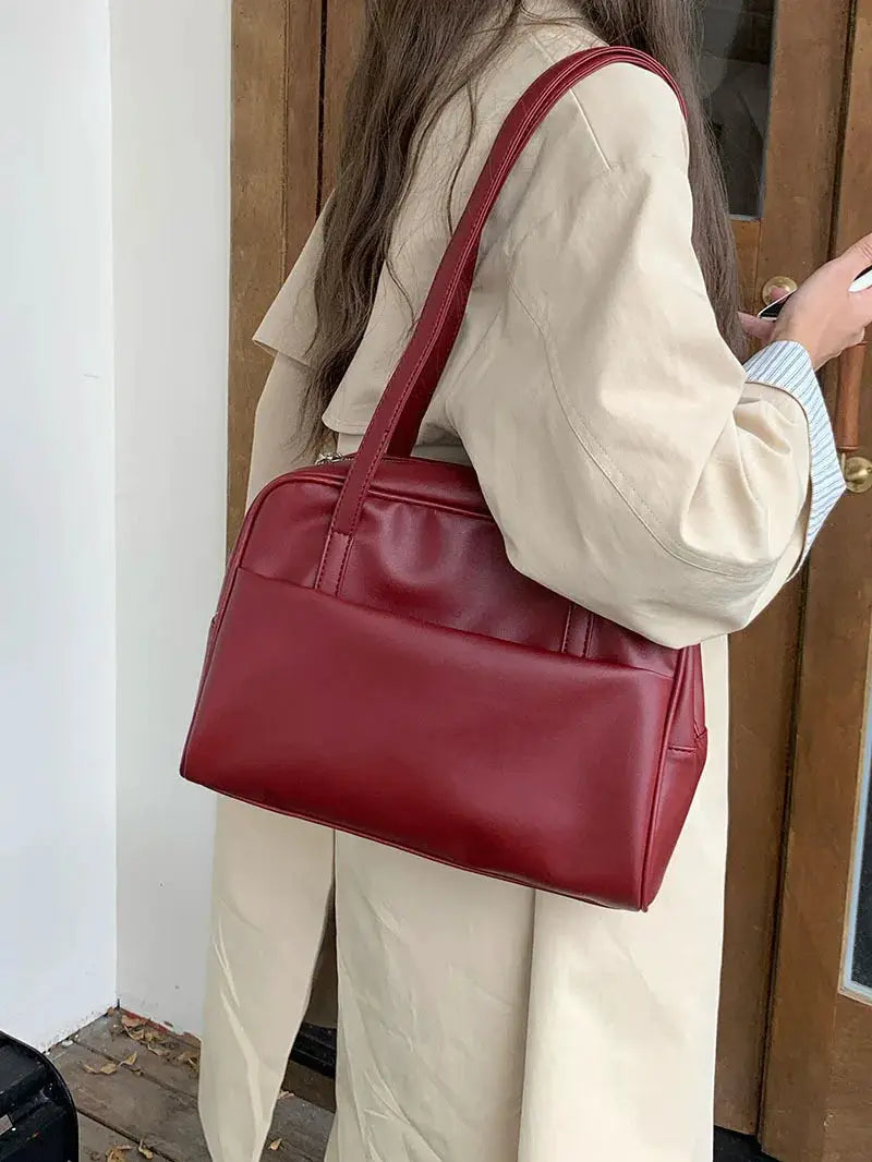 Korean Style red faux-leather large-capacity shoulder tote bag by Simples Market