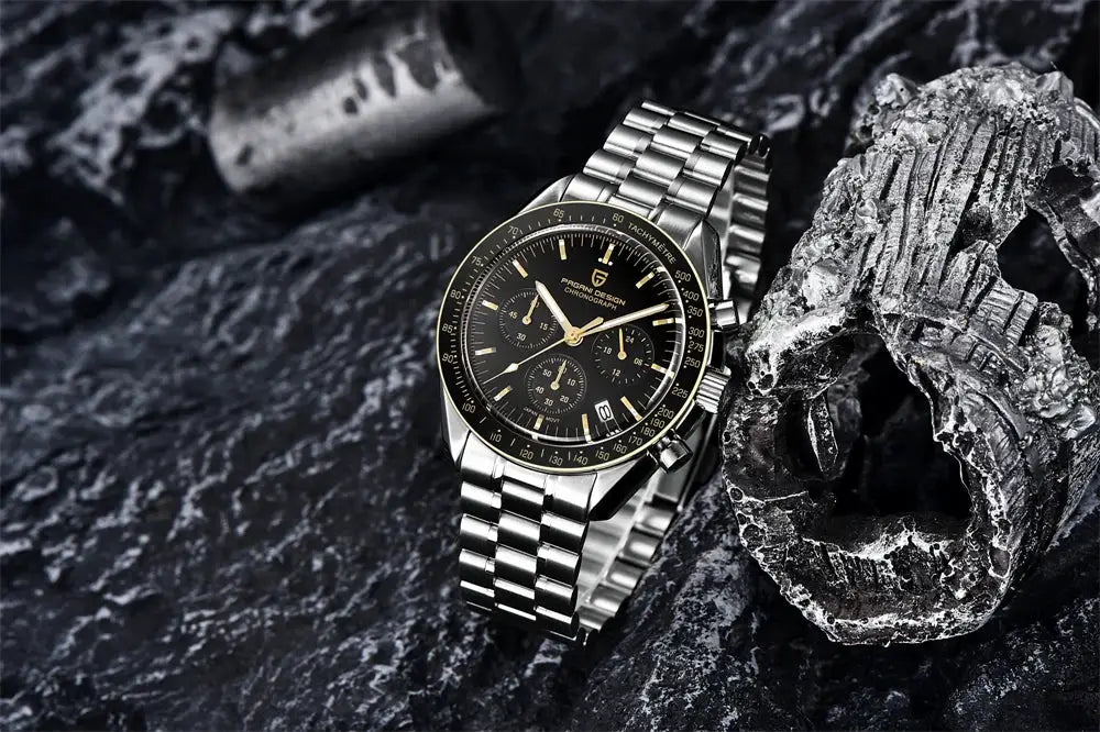 PAGANI DESIGN New Moon men's chronograph watch with stainless steel bracelet, black dial and tachymeter bezel