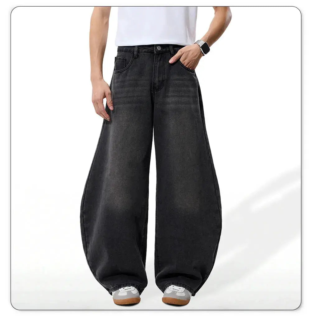 Men's baggy wide-leg denim jeans by Simples Market in grey-black