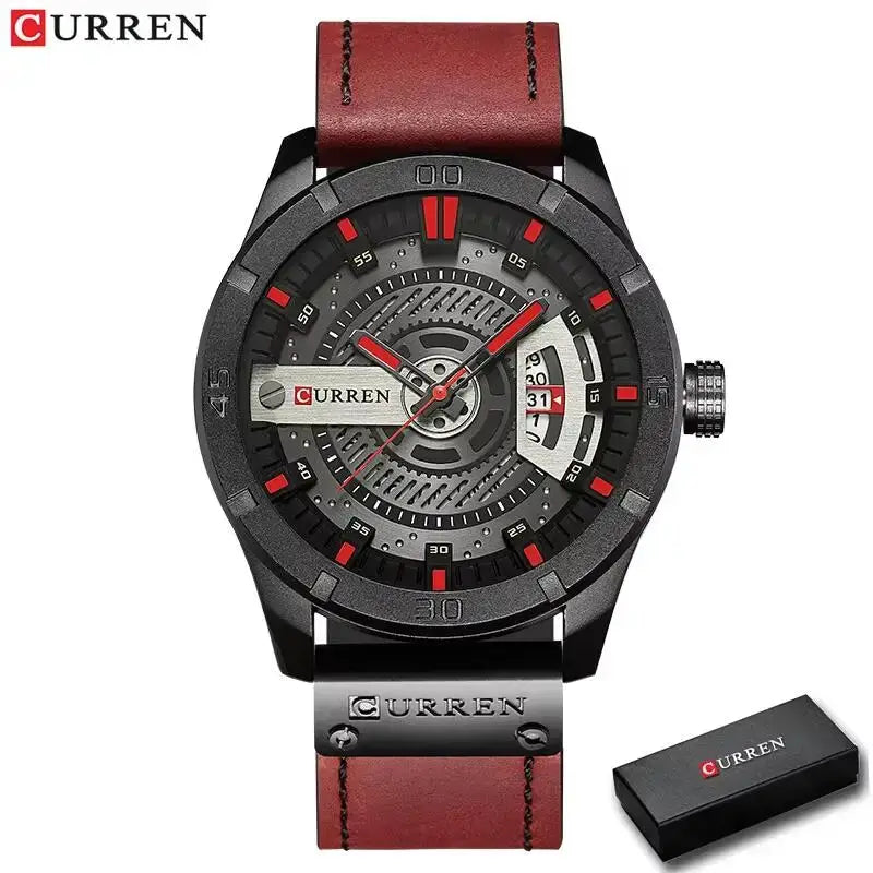 Curren men's luxury watch with black skeleton dial, red accents and brown leather strap