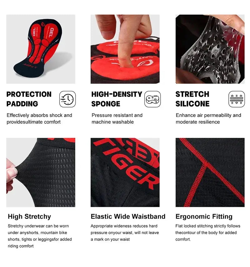X-TIGER cycling underwear shorts with 5D padded liner, breathable fabric, and anti-slip leg grips