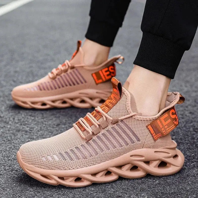 MAEDEF Men Shoes pair of peach mesh sneakers with breathable upper and platform sole, LIES branding