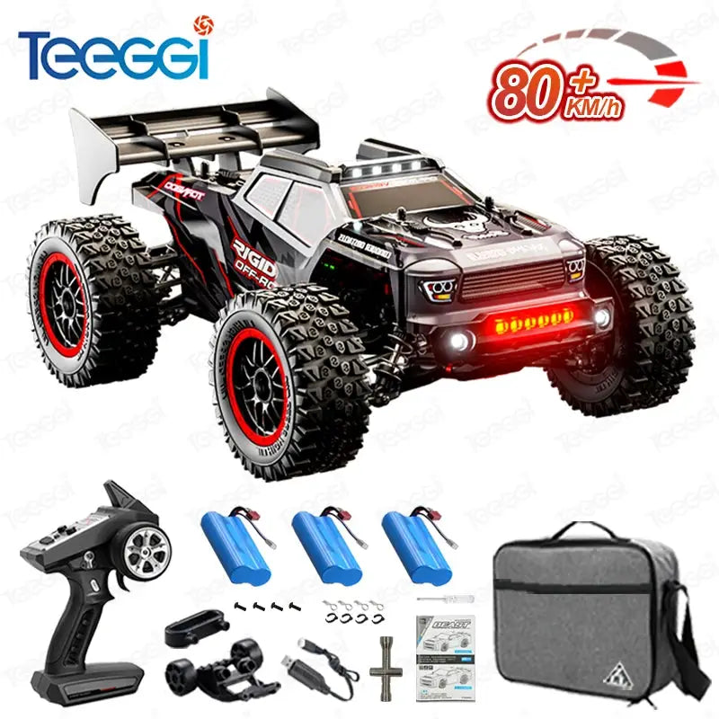 ZLL SG316 MAX 1:16 RC drift monster truck, black with red accents, 4WD; Teeggi logo; remote and 3 blue batteries.
