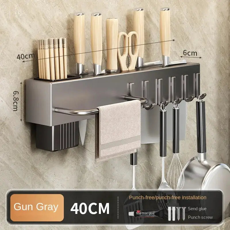 Gun-gray tool-free kitchen shelf with wall-mounted knife and utensil hooks and towel bar