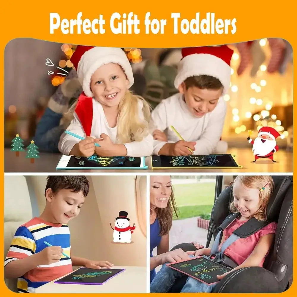 Four color LCD drawing tablets for kids (4.5–16 inch); portable art toys for travel and holidays.