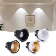 Simples Market recessed aluminum COB LED downlight spotlights, four-pack in black and white with gold interiors