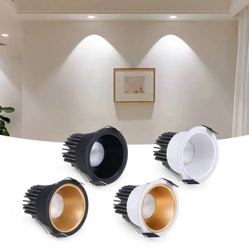 Simples Market recessed aluminum COB LED downlight spotlights, four-pack in black and white with gold interiors
