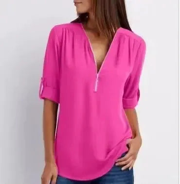 Simples Market pink chiffon blouse with deep V-neck and zipper, loose fit with rolled sleeves