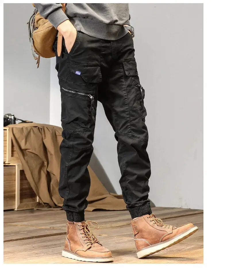 CAAYU cargo joggers for men, gray multi-pocket pants with zip pockets and cuffed ankles
