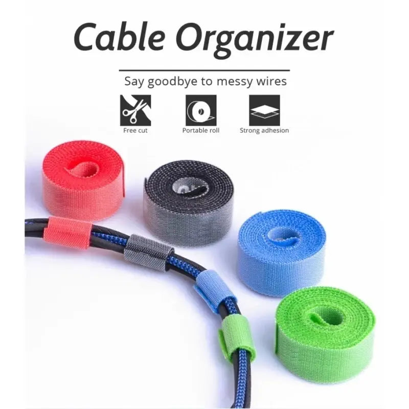 Cable organizer Velcro straps set; multicolor rolls for earphones and cables (red, black, blue, green)