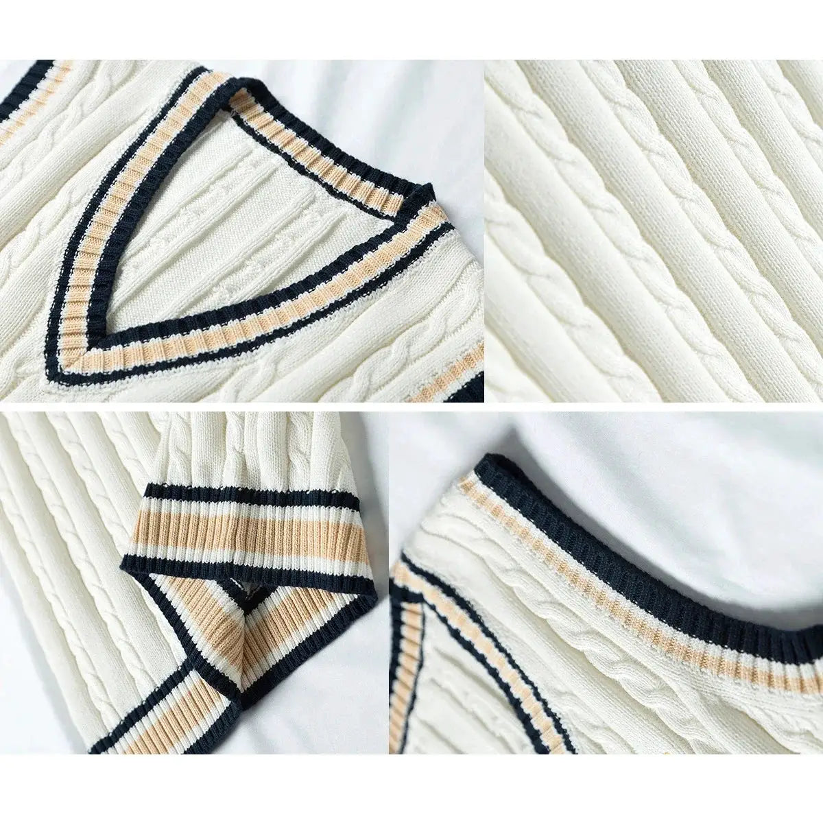 Men's thick sleeveless sweater vest in cream cable knit with navy and beige striped trim, Simples Market.