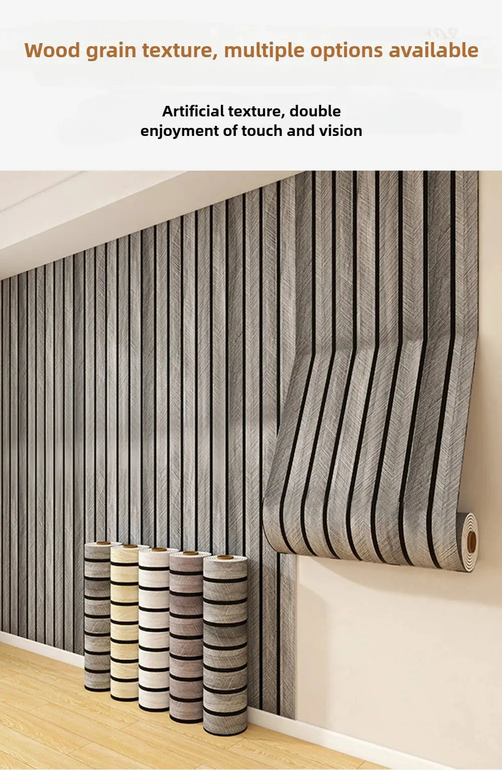 Peel-and-stick wallpaper with brown faux-plaid grid design; thick texture, Simples Market rolls shown
