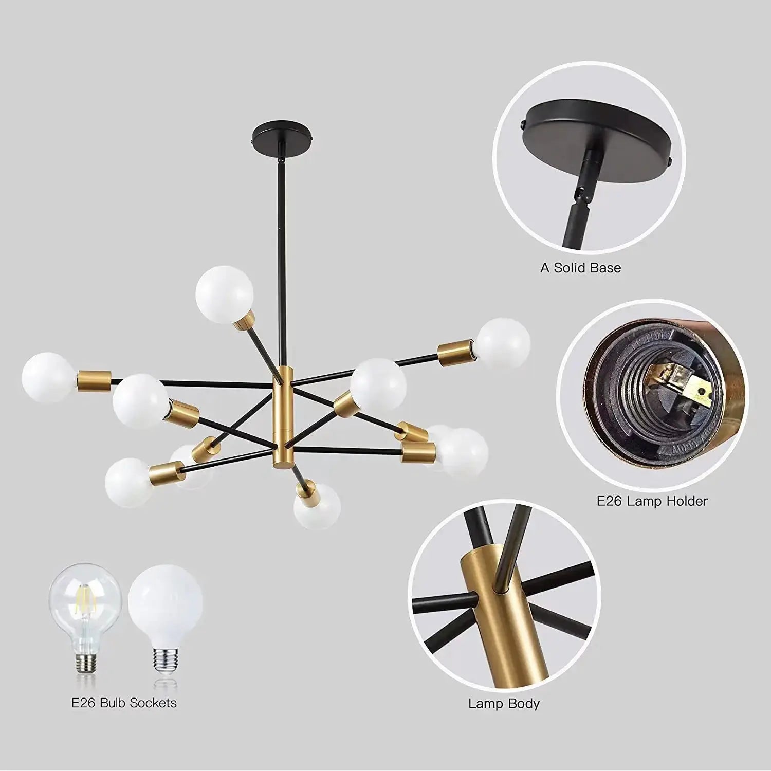Nordic LED chandelier by Simples Market with black metal arms, brass connectors and white globe bulbs