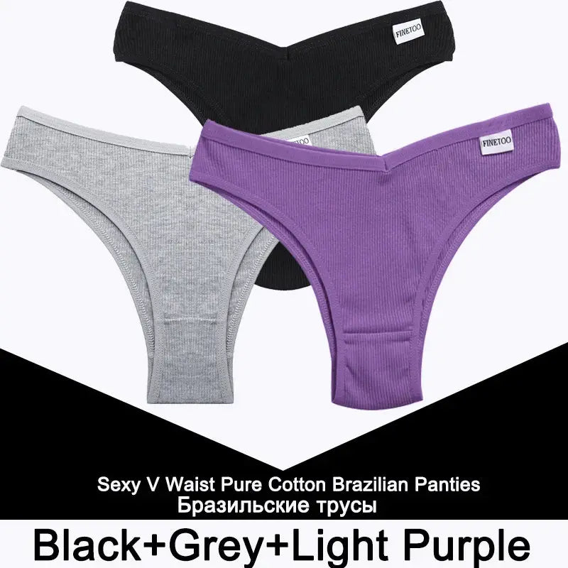 Women’s cotton thong underwear 3-pack in black, gray, and purple by FINETOO