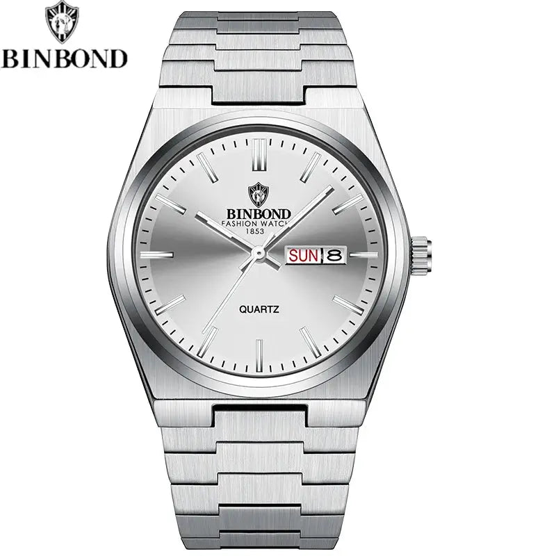 BINBOND men's quartz watch with stainless steel bracelet, silver dial and day-date window