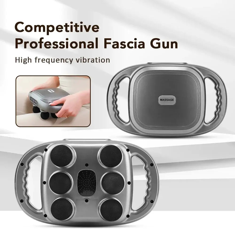 Simples Market electric fascia gun with 6 massage heads, silver handheld massager for deep-tissue relief