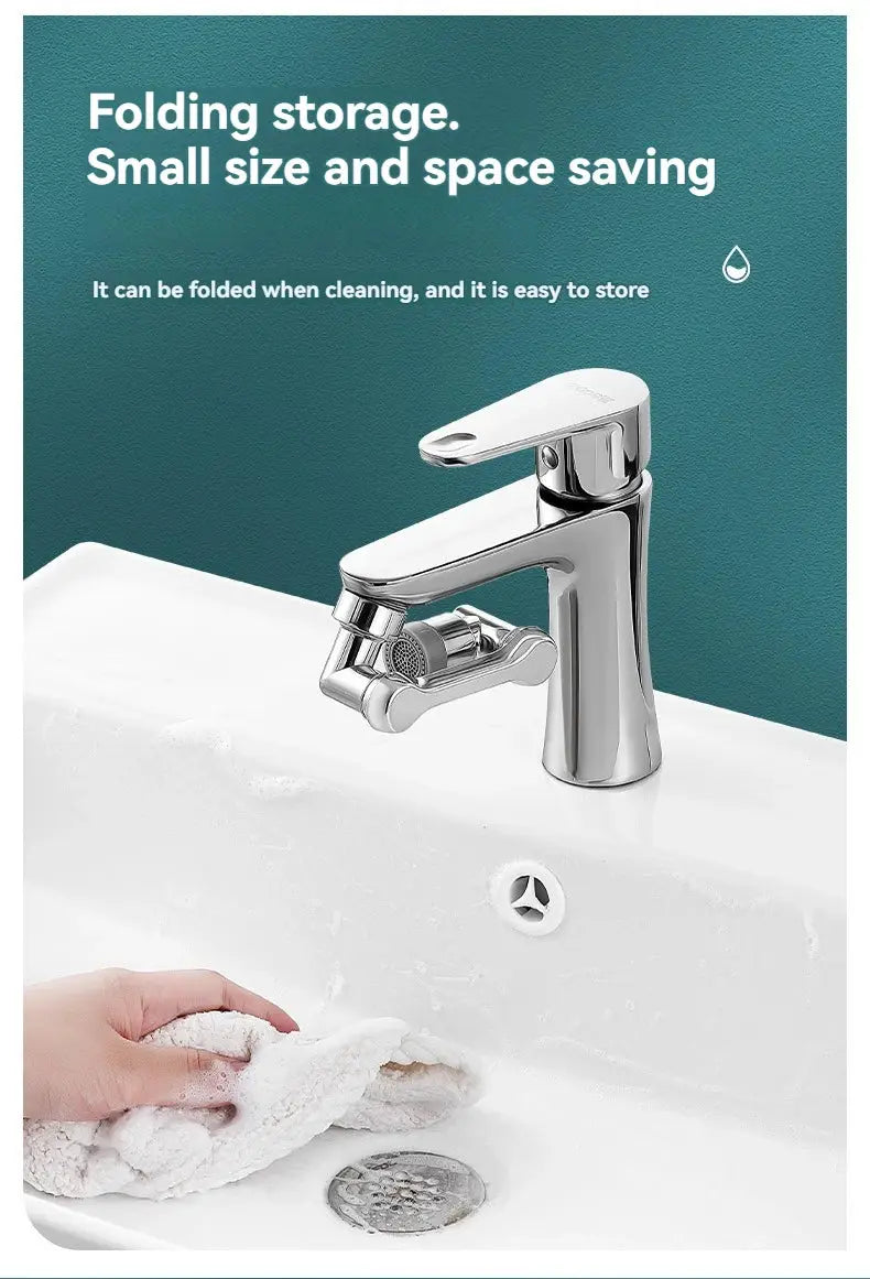 Universal rotation-extender faucet aerator with chrome finish, plastic splash filter, and robotic-arm bubbler nozzle.