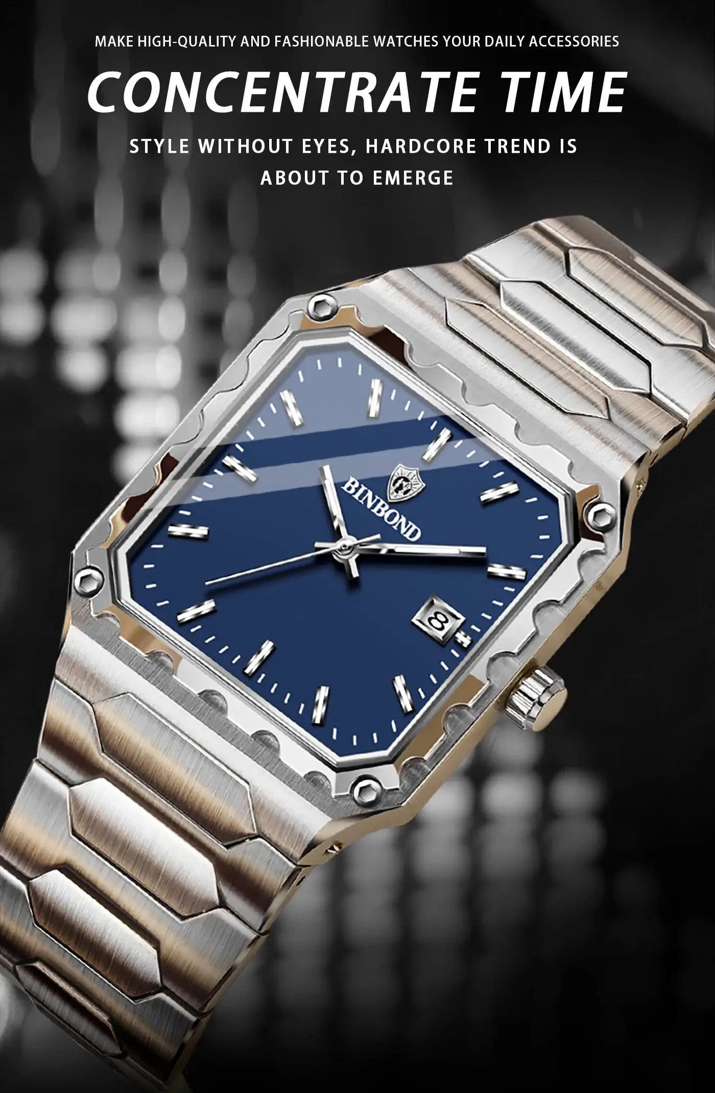 BINBOND luxury men's quartz watch with blue dial and two-tone silver-gold bracelet