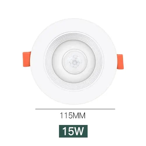 Simples Market PIR motion sensor LED downlight, 15W, white round recessed ceiling light with orange side clips (115mm)