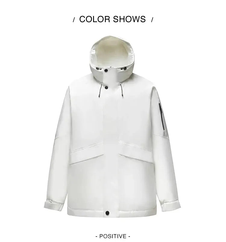 Semir down jacket for men, white hooded mid-length, Simples Market rainproof windproof coat with large front pockets