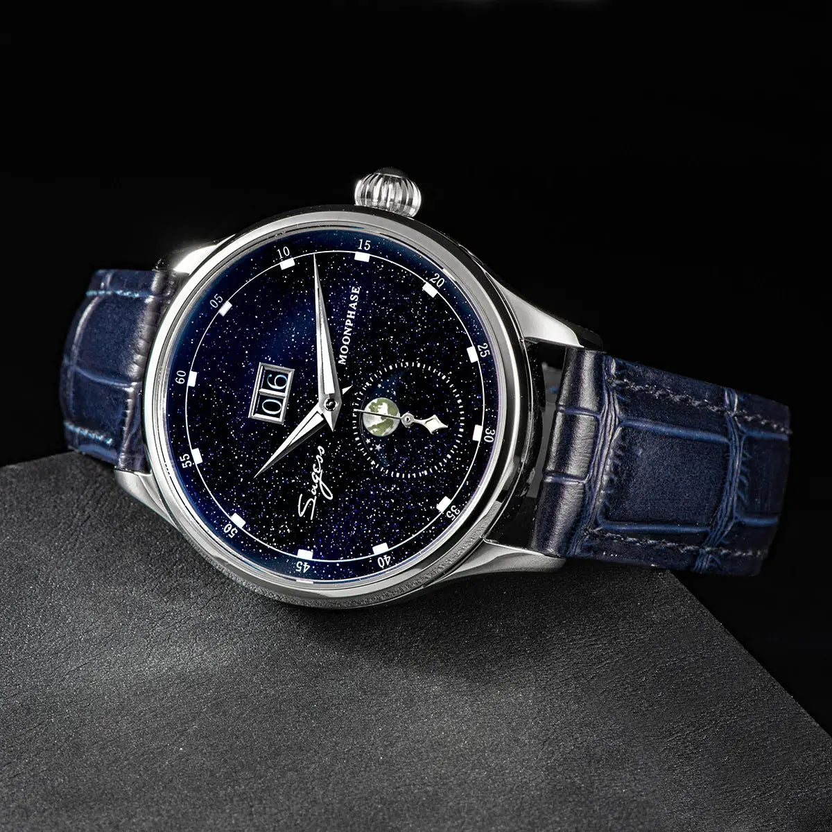 Sugess Moonphase men's watch with blue starry dial, 316L stainless steel case, and blue leather strap