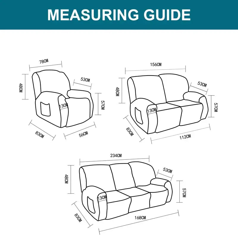 Simples Market recliner and sofa stretch cover measuring guide for 1/2/3-seat options with chair and sofa dimensions