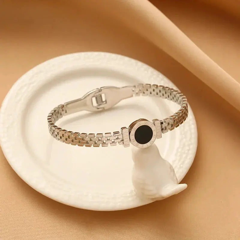 Women Black Stainless Steel And Acrylic Couple Bracelet With Carved Roman Numerals Fashion Cuff Gift