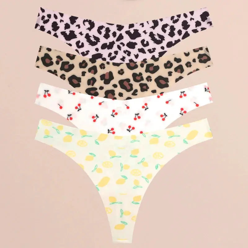 4-pack women's seamless thong underwear in leopard and fruit prints (purple leopard, beige leopard, cherry, lemon)