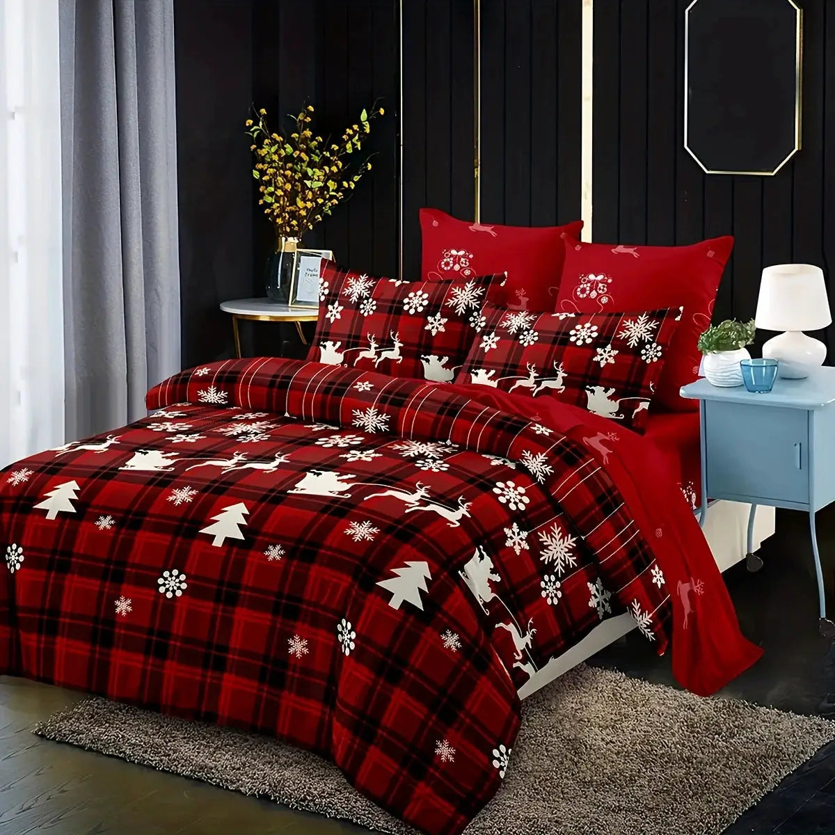 3-Piece Christmas Duvet Cover Set by Simples Market in red plaid with elk silhouettes and snowflake print