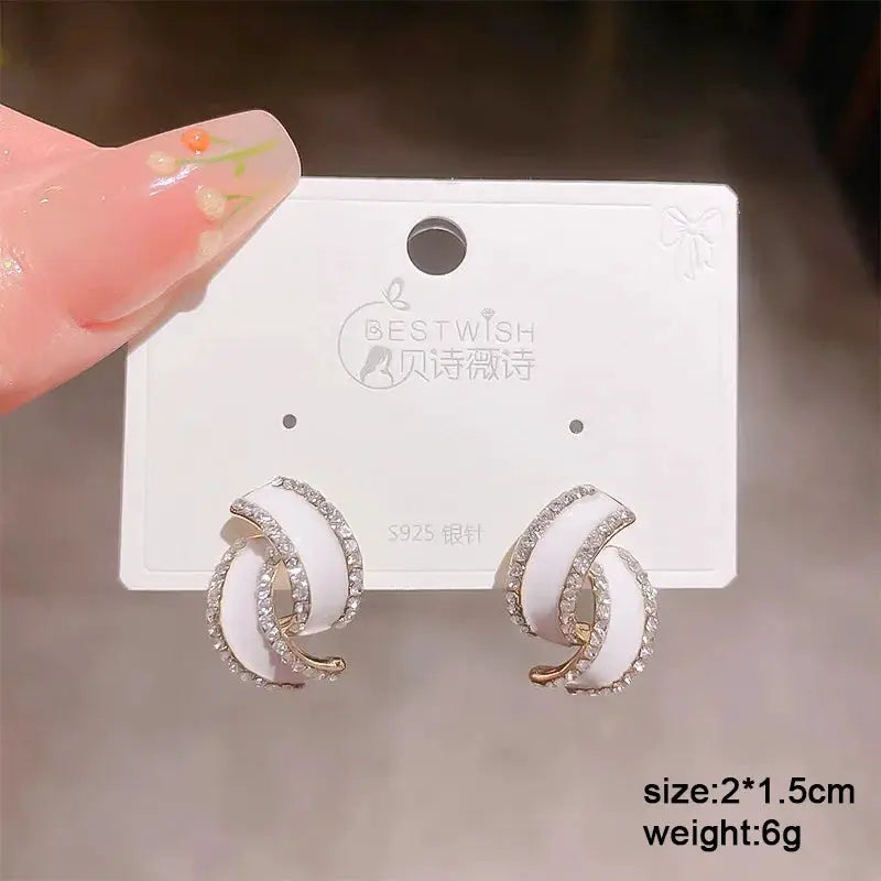 Hoop earrings with white enamel and crystal border, BestWish, S925, 2×1.5cm pair
