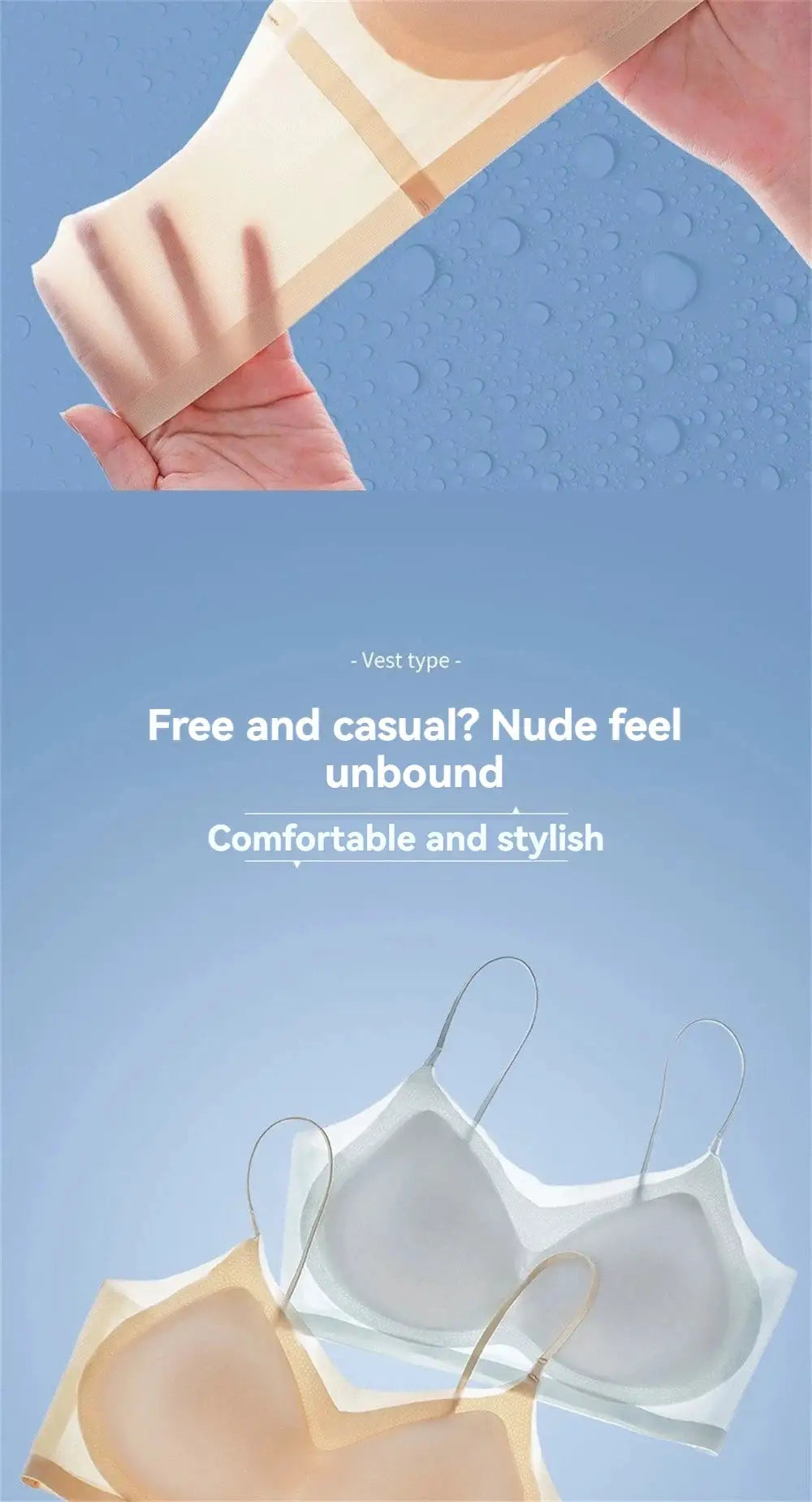 Simples Market ultra-thin ice silk wrap bra, seamless back halter bustier in beige/peach and white.