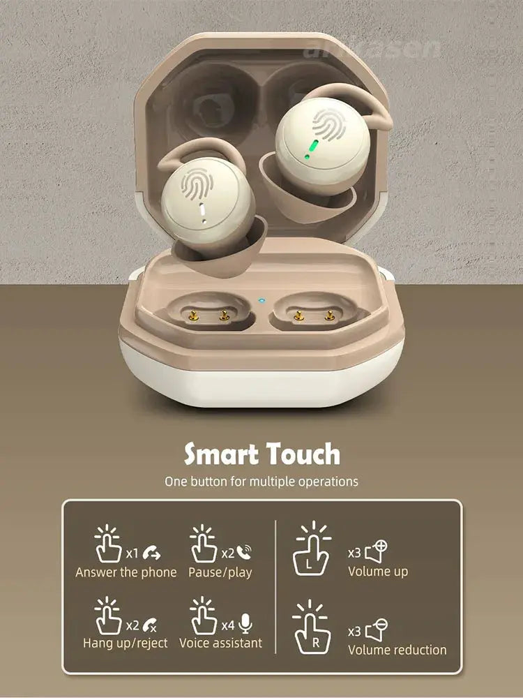 Simples Market Bluetooth Earbuds in beige with charging case, 2 wireless earphones