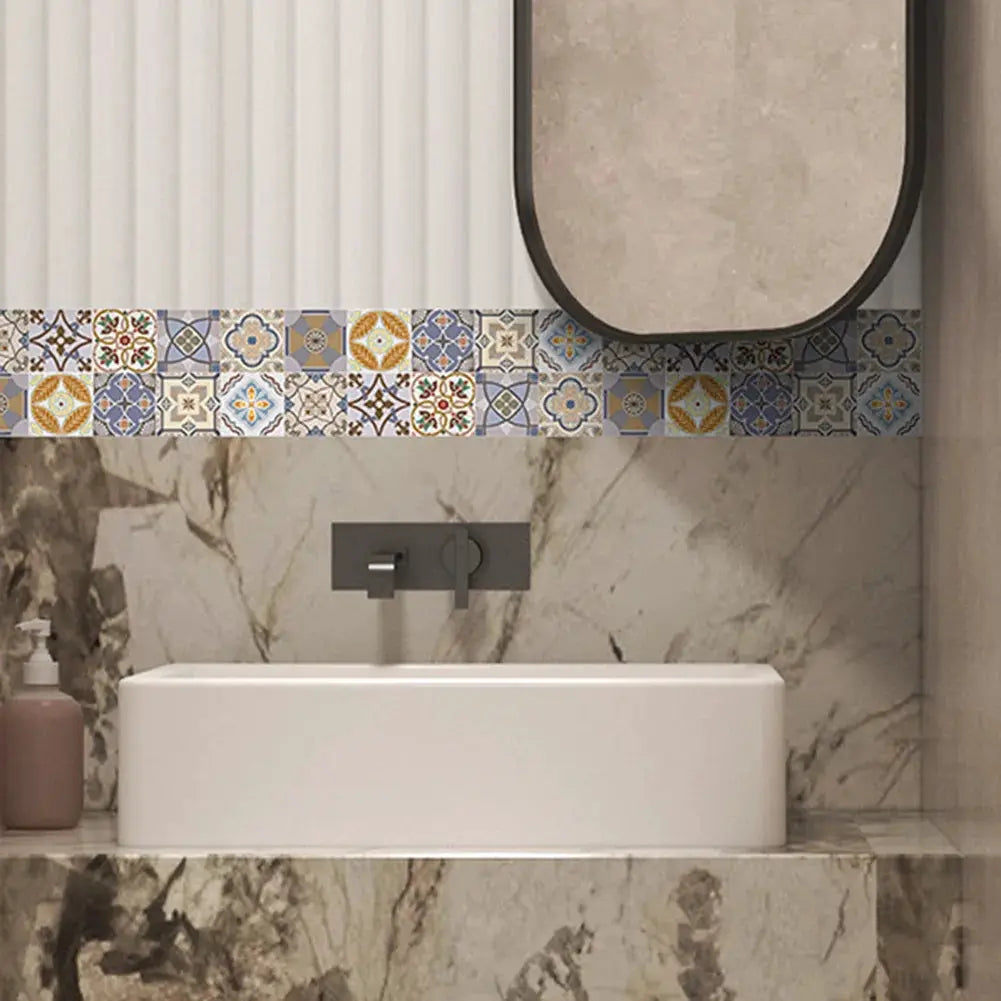 Self-adhesive waist line decorative strip with colorful tile pattern, waterproof bathroom border above marble sink