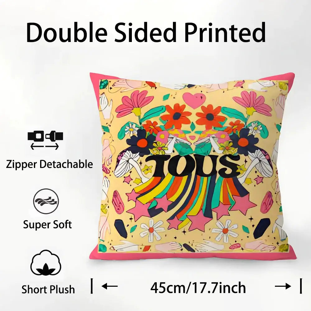 Throw pillow cover by Simples Market, plush fabric, double-sided colorful print with pink piping and detachable zipper