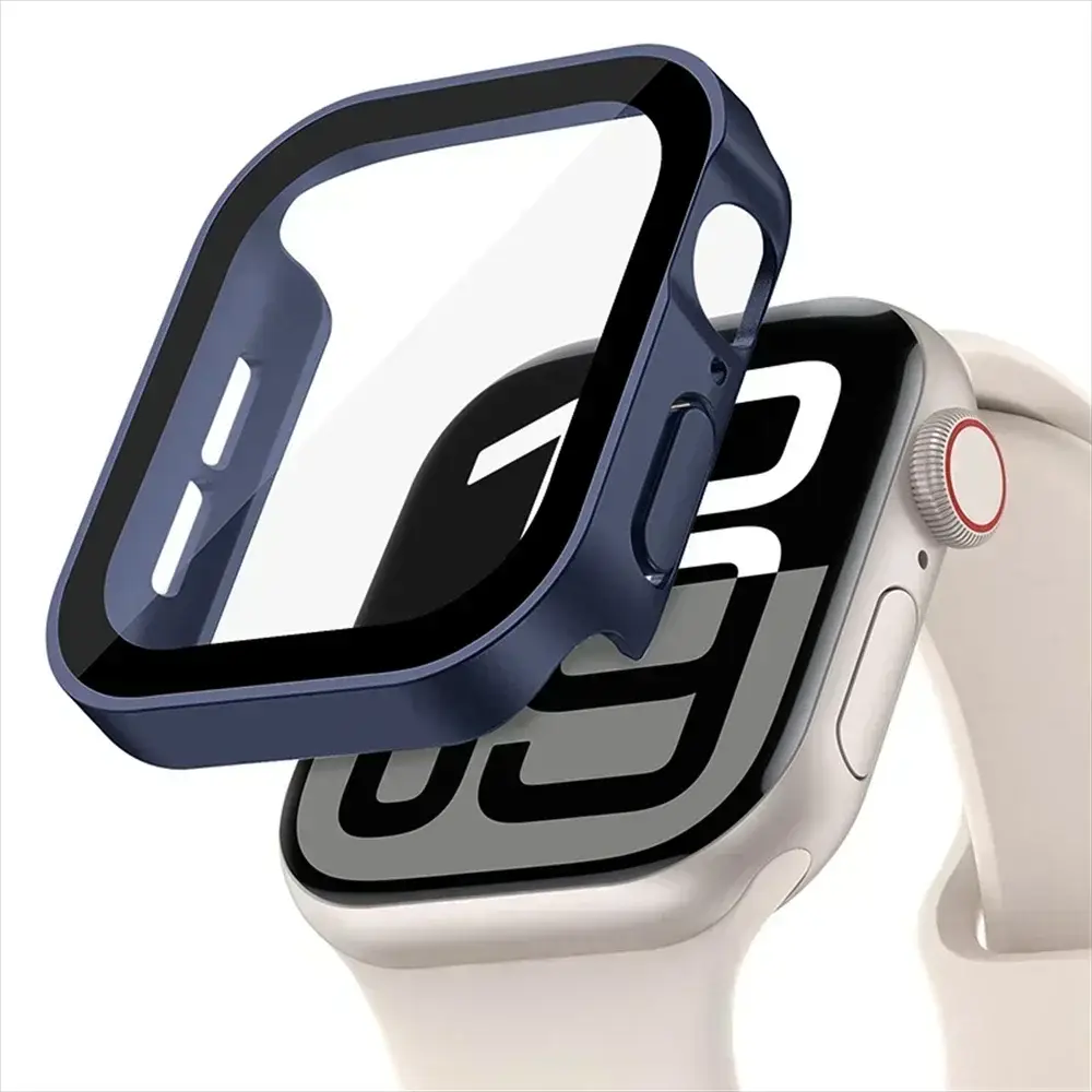 Apple Watch tempered glass screen protector with blue PC bumper for 40–46mm models