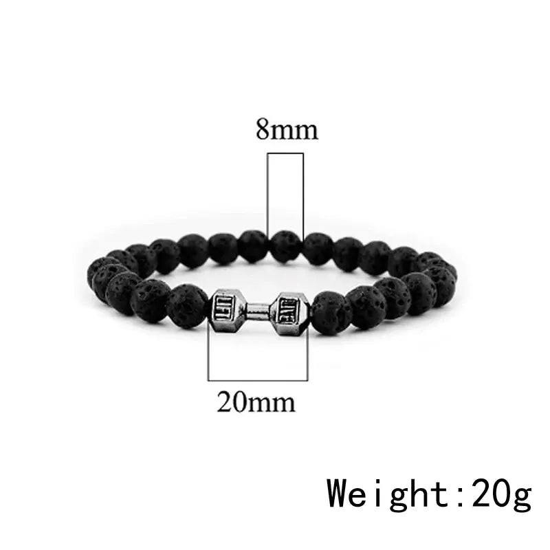 Natural Black Volcanic Lava Stone Dumbbell Bracelet With Matte Beads For Men And Women Fitness Jewelry