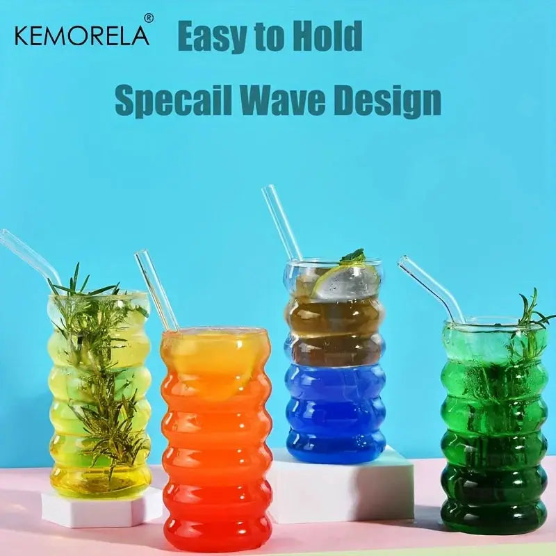 500ML Wave Shape Beverage Glasses With Straws Vintage Ripple Glass Cups For Wine Champagne Cocktails Milk Juice