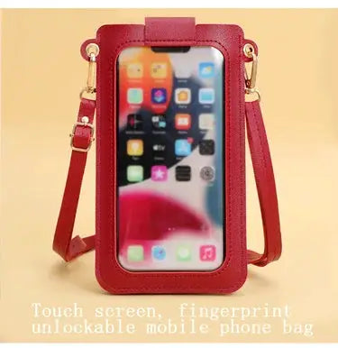 Women’s crossbody phone bag in red soft leather with clear touchscreen window and adjustable strap