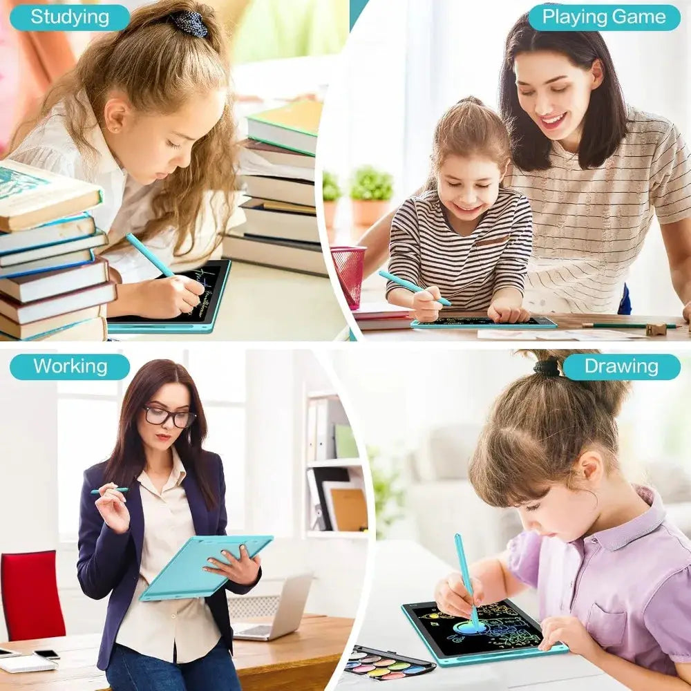 Simples Market LCD graphic tablet for kids, blue frame, 4.5–16 in sizes; studying, drawing, travel toy collage