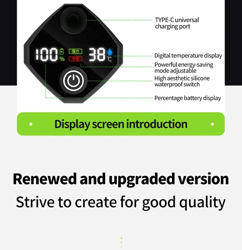 Simples Market camping shower pump controller, black octagonal display with full-screen digital readout (100% battery).